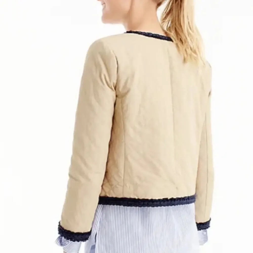 J.Crew Quilted Crop Lady Jacket Tan Braided Fringe Trim Blazer Sz 00